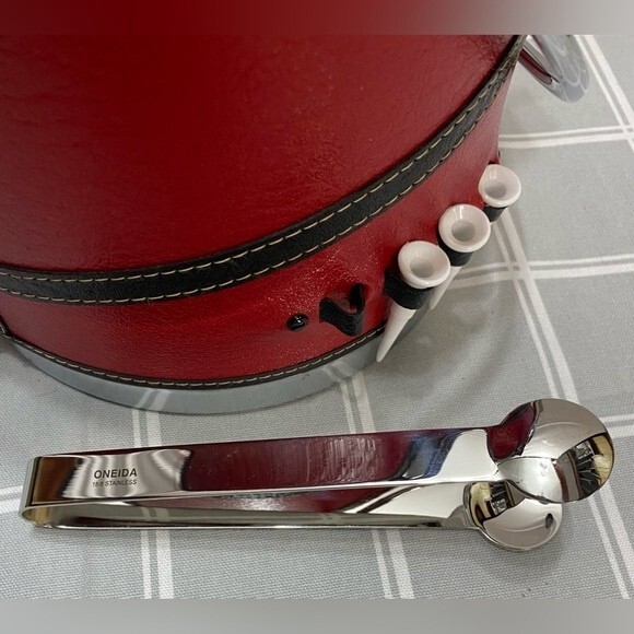 Vintage MCM Golf Theme Ice Bucket Silver Red Black Ice Tongs Golf Tee - Picture 5 of 9